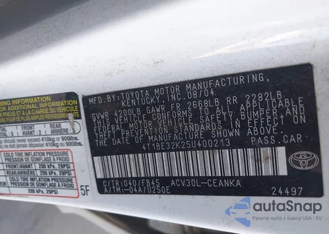 2005 Toyota Camry Le z USA, uszkodzony, nr VIN 4T1BE32K25U400213